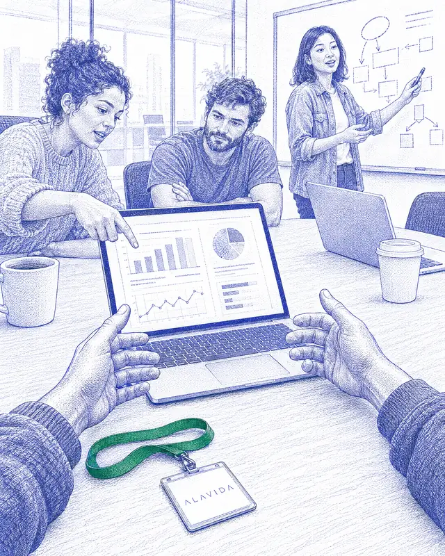 Pen-and-ink illustration of a working session in a client's office: a laptop turned toward the room, people leaning in to point at the screen, a colleague at the whiteboard