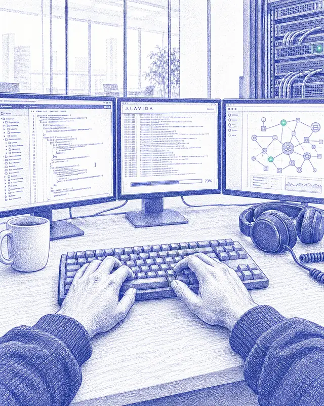 Pen-and-ink illustration of a developer workstation: source code and a file tree on one screen, a deploy streaming logs on another, a live agent-orchestration graph on a third, a server rack alongside